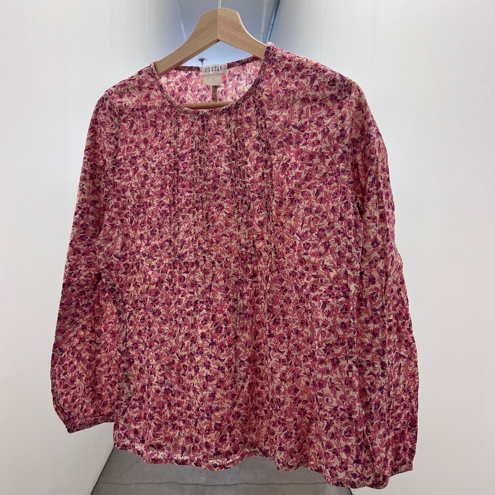 pink and purple floral blouse